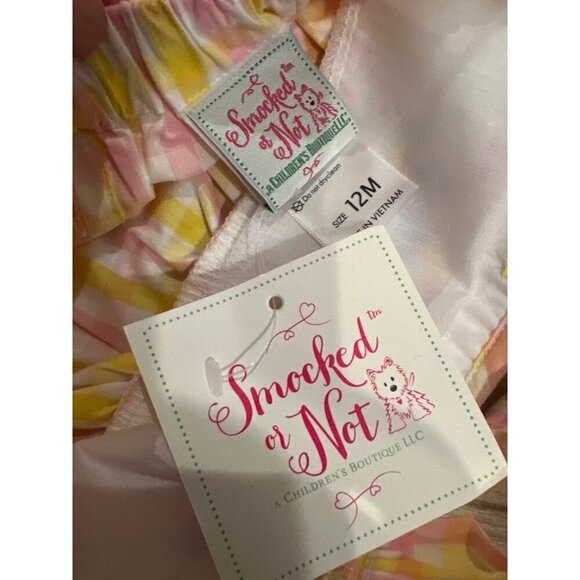 Smocked Or Not Baby Romper 12M Pink & Yellow Gingham With Rainbow Clouds Embroid - Picture 4 of 6